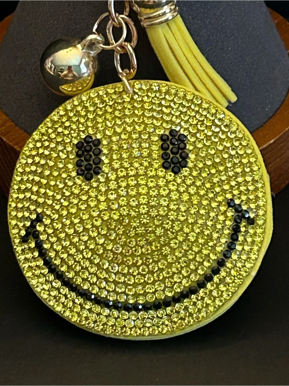 PREMIUM Puffy Yellow, Black & Gold Smiley Face Crystal Bag Charm Keychain NWT